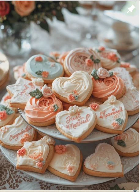 Soft peach and ivory wedding cookies on a celebration table